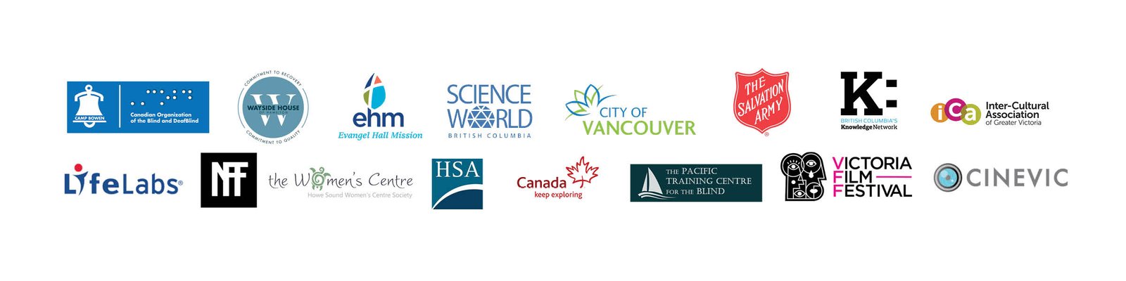 Logos of past clients: Canadian Organization of the Blind, ICA FolkFest, CineVic, HSA, Knowledge Network, Victoria Film Festival, Wayside House, Evangel Hall Mission. Salvation Army,